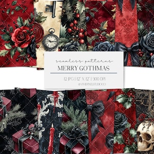 May include: A collection of seamless patterns with a gothic Christmas theme. The designs feature red and black roses, holly, gift boxes, skulls, and bows. The text "MERRY GOTHMAS" is displayed on a white rectangle.