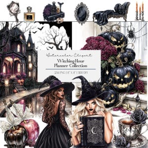 Witching Hour Halloween Clipart Bundle | Gothic Witch Characters, Haunted House Scenes, Spooky Pumpkins, Gothic Glam Illustration Graphics