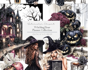Paquete de imágenes prediseñadas de Halloween "La Hora de las Brujas": Personajes de brujas góticas, escenas de casas embrujadas, calabazas espeluznantes, ilustraciones con estilo gótico y glamuroso.