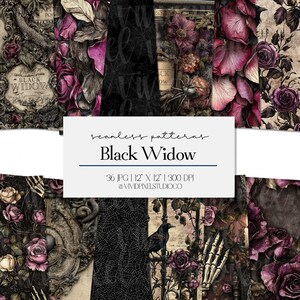 May include: A collection of seamless patterns with a gothic theme. The patterns feature roses, spiders, and other dark elements in shades of black, purple, and cream. The text "Black Widow" is displayed on a white background, along with the dimensions of the patterns.