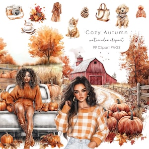 Könnte beinhalten: Aquarell-Clipart mit dem Titel "Cozy Autumn" mit herbstlichen Illustrationen. Enthält eine rote Scheune, Kürbisse, eine Kamera, einen Hund, eine Katze und Frauen. Die Farbpalette wird von warmen Orange-, Braun- und Rottönen dominiert.