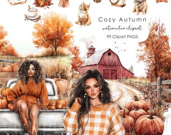 Conjunto de imágenes prediseñadas de otoño en acuarela / Otoño caprichoso / Gráficos de huerto de calabazas, PNG para agendas, ilustraciones de granjas otoñales