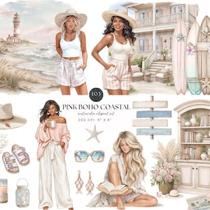 Paquete de imágenes prediseñadas bohemias rosas con temática costera / PNG con estética playera / Conjunto de imágenes prediseñadas de chica veraniega / Gráficos de estilo de vida costero / Imágenes prediseñadas de playa estilo preppy