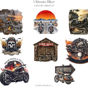 May include: A watercolor clipart set titled "Ultimate Biker." The set features illustrations of motorcycles, skulls, and a garage. One image shows a motorcycle on a scenic route sign. The text "Blood Sweat & Gears" is also included.