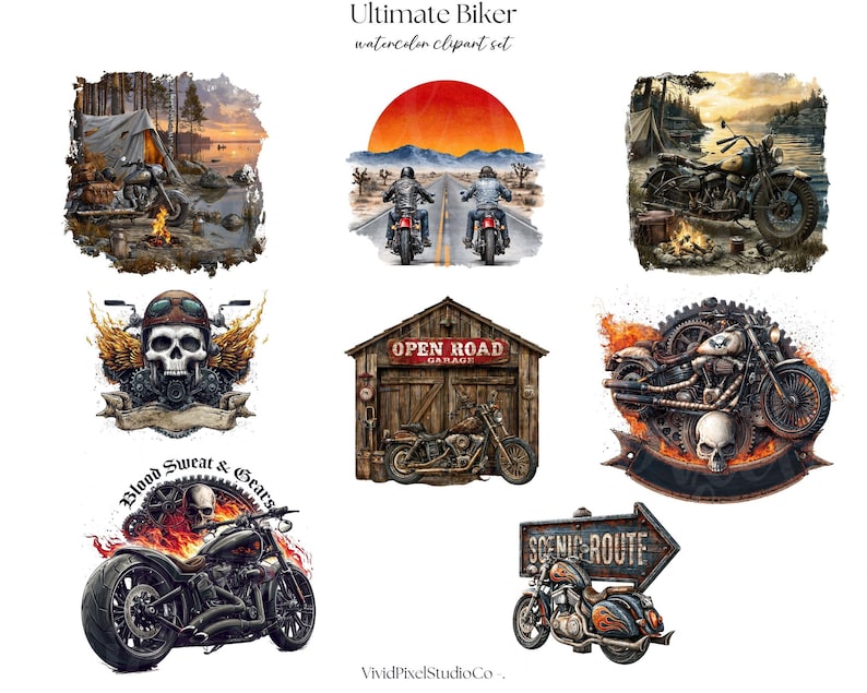 May include: A watercolor clipart set titled "Ultimate Biker." The set features illustrations of motorcycles, skulls, and a garage. One image shows a motorcycle on a scenic route sign. The text "Blood Sweat & Gears" is also included.