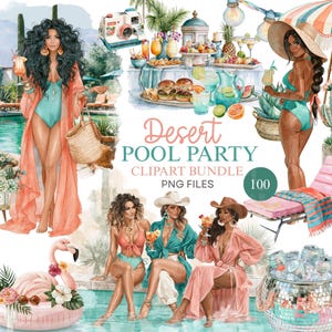 Clipart-paket med poolparty i öknen | Sommar i Palm Springs, PNG | Akvarell clipart för flickor vid poolen | Sommargrafikset med kaktusar