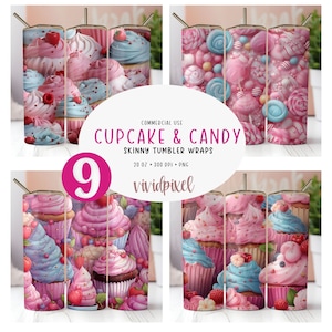 May include: A set of four 20 ounce skinny tumbler wraps featuring a colorful design of cupcakes and candy. The design includes pink, blue, white, and red colors. The wraps are perfect for adding a fun and festive touch to your tumblers.
