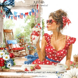 May include: Watercolor illustration with a patriotic theme. A woman in a red polka dot dress and heart-shaped sunglasses enjoys a sundae. The scene includes a rocking chair, flowers, and American flag decorations. Text reads "July 4th watercolor clipart set".