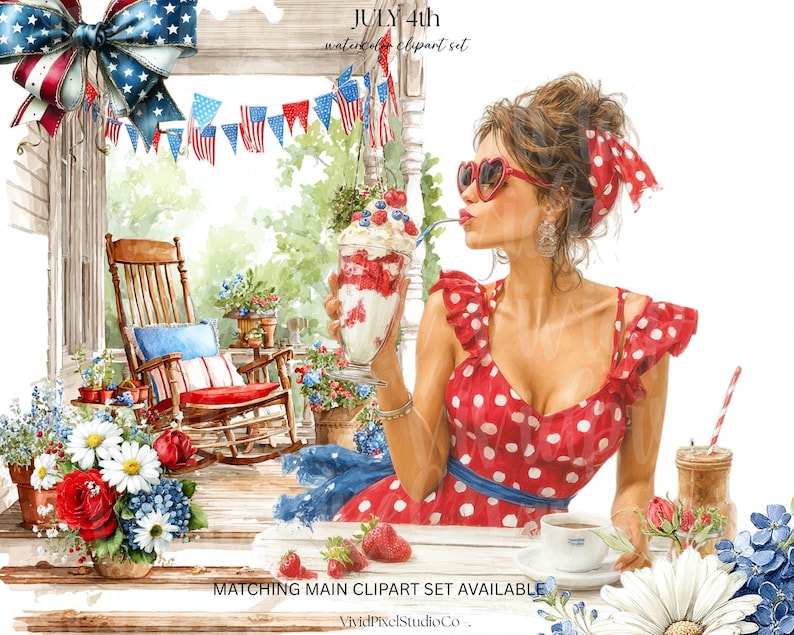 May include: Watercolor illustration with a patriotic theme. A woman in a red polka dot dress and heart-shaped sunglasses enjoys a sundae. The scene includes a rocking chair, flowers, and American flag decorations. Text reads "July 4th watercolor clipart set".