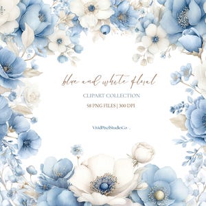 Blue and White Floral Clipart Bundle, Watercolor Wedding Flowers PNG, Dusty Blue Ivory Bouquet Elements, Elegant Floral Arrangements 300 DPI