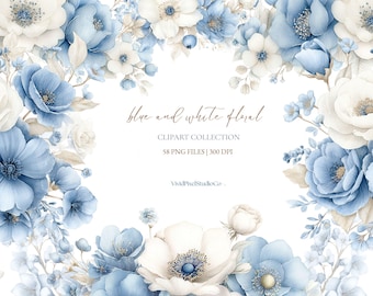 Blue and White Floral Clipart Bundle, Watercolor Wedding Flowers PNG, Dusty Blue Ivory Bouquet Elements, Elegant Floral Arrangements 300 DPI