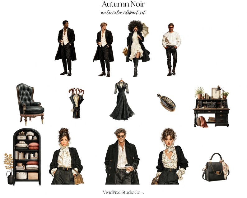 Op de afbeelding: Autumn Noir aquarel clipart set met illustraties van mensen in donkere jassen, een zwarte leren fauteuil, paraplu's, een zwarte kanten jurk, een haarborstel, een bureau, een boekenplank en een zwarte handtas. De tekst luidt Autumn Noir.
