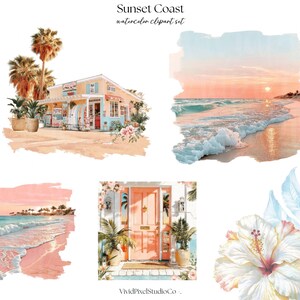 Pode incluir: Conjunto de cliparts em aquarela intitulado "Sunset Coast" com cenas de praia, uma loja e flores tropicais. As imagens incluem uma praia com ondas, um p&ocirc;r do sol, uma loja com pranchas de surf e uma flor de hibisco.
