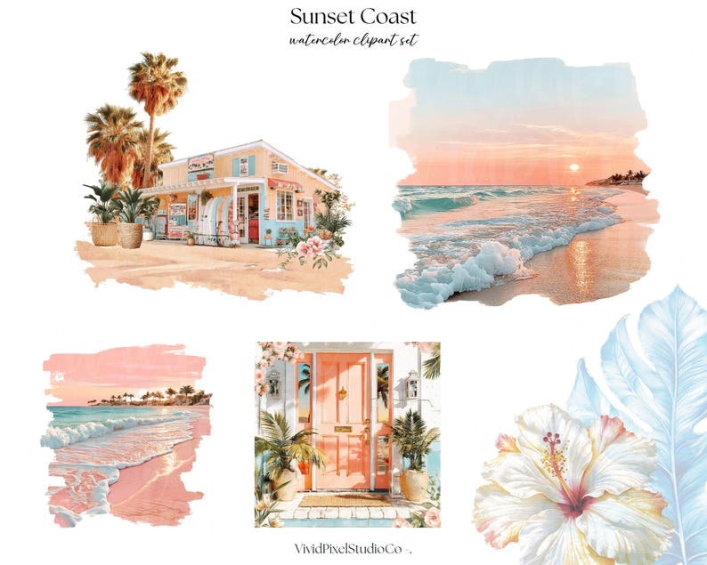 Pode incluir: Conjunto de cliparts em aquarela intitulado "Sunset Coast" com cenas de praia, uma loja e flores tropicais. As imagens incluem uma praia com ondas, um p&ocirc;r do sol, uma loja com pranchas de surf e uma flor de hibisco.