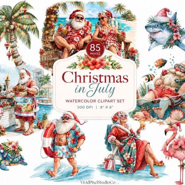 Christmas in July Watercolor Clipart Bundle, Tropical Santa PNG, Beach Christmas Clipart, Coastal Holiday Sublimation, Summer Santa PNG