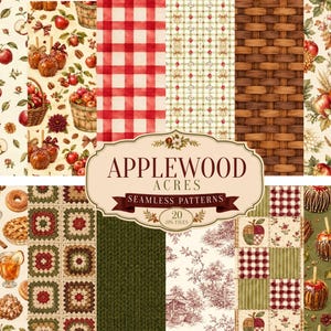May include: A collection of digital seamless patterns titled Applewood Acres featuring autumn themes including red apples, woven baskets, pumpkins, plaid fabrics, knitted textures, caramel apples, and warm beverages on various backgrounds.