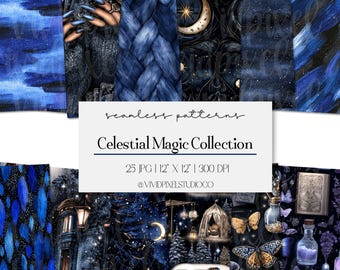 May include: A collection of seamless patterns in shades of blue and black. The patterns include brushstrokes, starry skies, and celestial elements. The text on the image reads "Celestial Magic Collection". Each pattern is 12 inches by 12 inches.