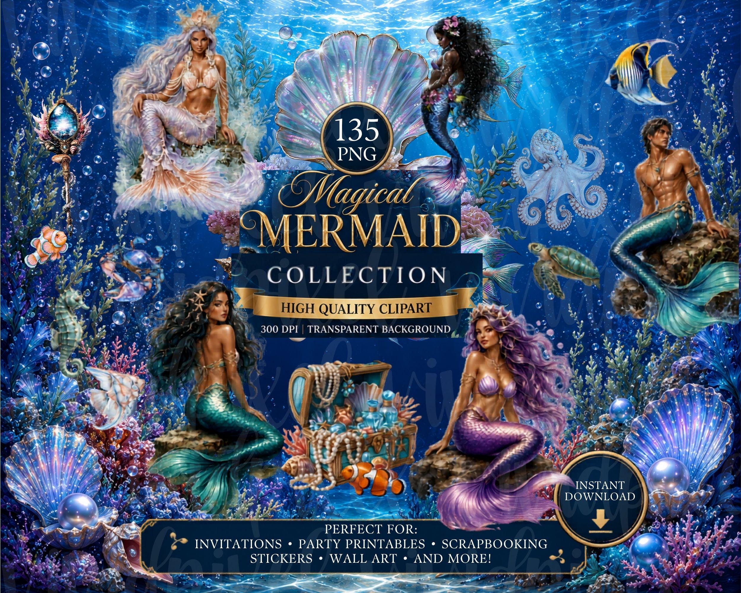 Magical Mermaid Clipart Bundle, Watercolor Mermaid Clipart, Fantasy ...