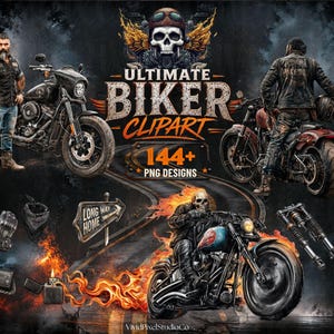 Può includere: Opera d'arte digitale a tema biker con motociclette, un teschio, fiamme e la scritta "ULTIMATE BIKER CLIPART 144+ PNG DESIGNS." Include illustrazioni di un motociclista, guanti, un portafoglio, un accendino e un cartello con scritto "LONG WAY HOME."