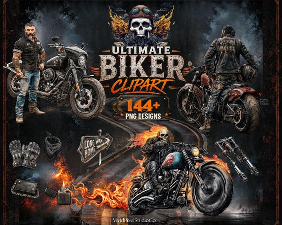 Ultimate Biker Clipart Bundle | Motorcycle Rider PNG |Harley Inspired Watercolor Clipart Set | Biker Gang Clipart | Flames Road Trip PNG