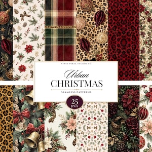 Puede incluir: Una colección digital de 25 patrones sin costuras con temas navideños que incluyen flores de pascua, adornos, estampado de leopardo, cuadros y campanas. La etiqueta blanca central muestra el texto VIVID PIXEL STUDIO CO Urban CHRISTMAS SEAMLESS PATTERNS 25 JPGS.
