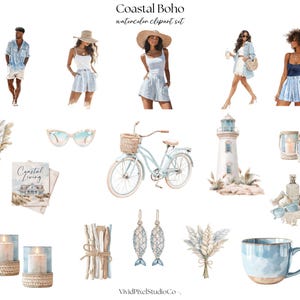 May include: Watercolor clipart set titled "Coastal Boho" featuring illustrations of people in coastal attire, a bicycle, lighthouse, candles, and decorative elements. The color palette includes blues, tans, and whites, evoking a beachy, relaxed vibe. The set includes a mug, sunglasses, and earrings.