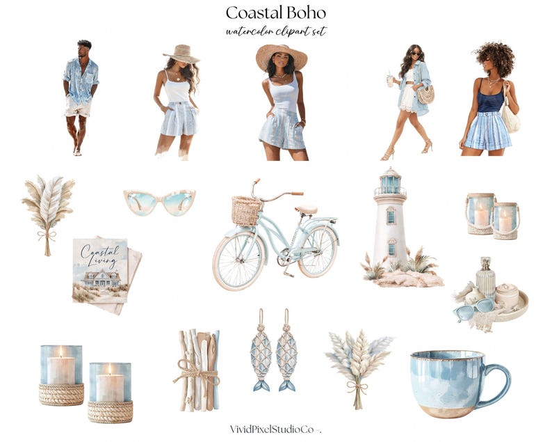 May include: Watercolor clipart set titled "Coastal Boho" featuring illustrations of people in coastal attire, a bicycle, lighthouse, candles, and decorative elements. The color palette includes blues, tans, and whites, evoking a beachy, relaxed vibe. The set includes a mug, sunglasses, and earrings.