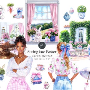 Op de afbeelding: Watercolor clipart set getiteld "Spring into Easter" met illustraties met Pasen als thema. Bevat een konijn, bloemstukken, een raamscène en decoratieve elementen. Het kleurenpalet is zacht, met roze, blauw en groen. De set is 20,32 cm x 20,32 cm bij 300 DPI.