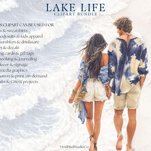 Puede incluir: Paquete de im&aacute;genes predise&ntilde;adas de acuarela titulado "Lake Life" que muestra a una pareja caminando por una playa. La imagen incluye texto que enumera los usos de las im&aacute;genes predise&ntilde;adas, como camisetas, pegatinas, tarjetas de felicitaci&oacute;n y gr&aacute;ficos para redes sociales. La pareja viste ropa informal.