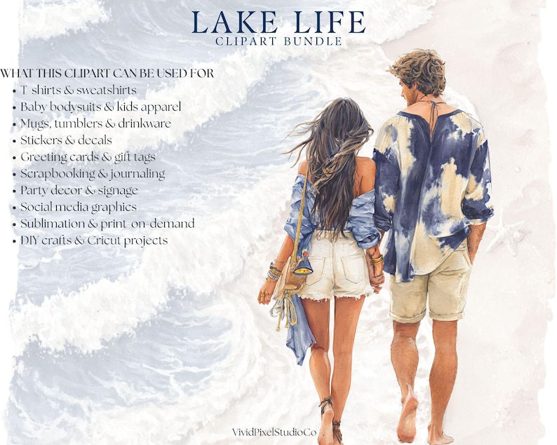 Puede incluir: Paquete de im&aacute;genes predise&ntilde;adas de acuarela titulado "Lake Life" que muestra a una pareja caminando por una playa. La imagen incluye texto que enumera los usos de las im&aacute;genes predise&ntilde;adas, como camisetas, pegatinas, tarjetas de felicitaci&oacute;n y gr&aacute;ficos para redes sociales. La pareja viste ropa informal.
