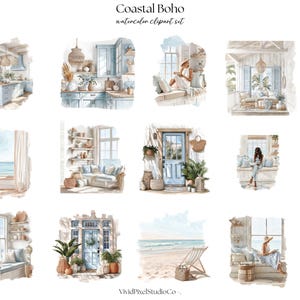 May include: Watercolor clipart set titled "Coastal Boho." The images depict coastal-themed interiors and beach scenes. The illustrations feature light blue and beige color palettes, showcasing kitchens, living spaces, and beach settings with a relaxed, bohemian aesthetic.