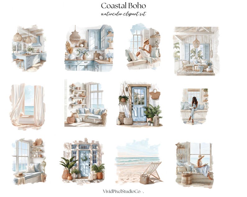 May include: Watercolor clipart set titled "Coastal Boho." The images depict coastal-themed interiors and beach scenes. The illustrations feature light blue and beige color palettes, showcasing kitchens, living spaces, and beach settings with a relaxed, bohemian aesthetic.