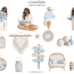 May include: Watercolor clipart set with a coastal boho theme. The image features illustrations of women, macrame, beach signs, lanterns, vases, a hanging chair, a mirror, and sandals. The color palette includes shades of blue, beige, and white.