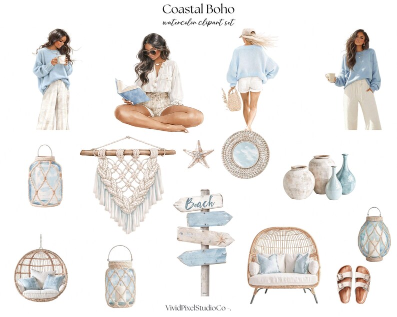 May include: Watercolor clipart set with a coastal boho theme. The image features illustrations of women, macrame, beach signs, lanterns, vases, a hanging chair, a mirror, and sandals. The color palette includes shades of blue, beige, and white.