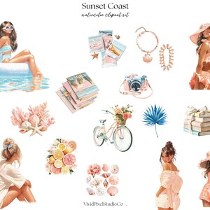 Pode incluir: Conjunto de cliparts em aquarela "Sunset Coast" com ilustra&ccedil;&otilde;es de uma mulher de fato de banho, uma bicicleta rosa com flores, conchas, uma c&acirc;mera e outros itens com tema de ver&atilde;o.
