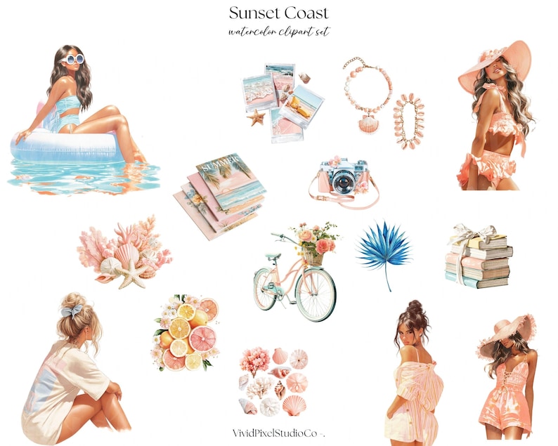 Pode incluir: Conjunto de cliparts em aquarela "Sunset Coast" com ilustra&ccedil;&otilde;es de uma mulher de fato de banho, uma bicicleta rosa com flores, conchas, uma c&acirc;mera e outros itens com tema de ver&atilde;o.