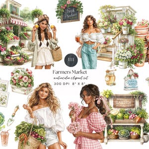 Könnte beinhalten: Aquarell-Clipart-Set mit dem Thema Bauernmarkt. Das Bild zeigt Illustrationen von Marktständen, frischen Produkten, Blumen und Frauen. Der Text "Farmers Market" und "Fresh Produce" ist sichtbar. Das Set ist 20,32 cm x 20,32 cm bei 300 DPI.
