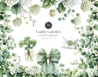 St Patricks Day Floral Clipart PNGS  | Lucky Garden Watercolor Floral Clipart Set | Cottagecore Hydrangea Clover Journal Scrapbook Graphics