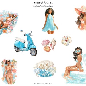 Pode incluir: Conjunto de cliparts em aquarela "Sunset Coast" com ilustra&ccedil;&otilde;es de mulheres, uma scooter azul, conchas, flores e corais. A paleta de cores inclui tons de azul, p&ecirc;ssego e branco, evocando um tema de praia.