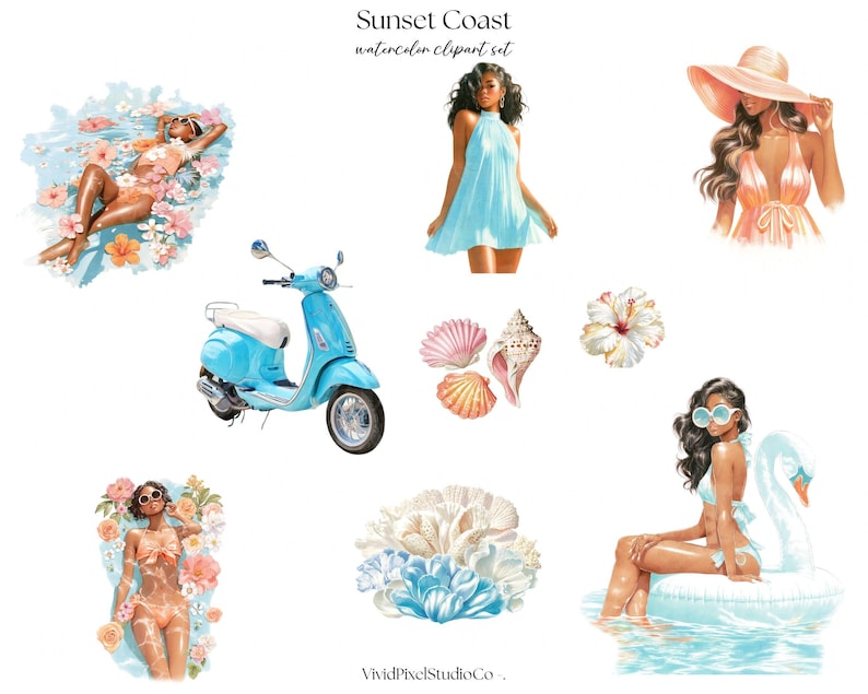 Pode incluir: Conjunto de cliparts em aquarela "Sunset Coast" com ilustra&ccedil;&otilde;es de mulheres, uma scooter azul, conchas, flores e corais. A paleta de cores inclui tons de azul, p&ecirc;ssego e branco, evocando um tema de praia.