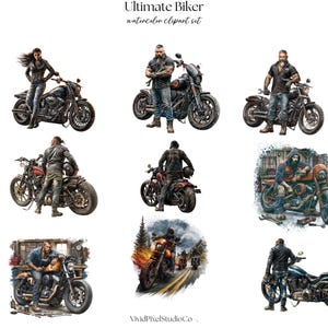 May include: Watercolor clipart set titled "Ultimate Biker" featuring various illustrations of bikers with motorcycles. The images showcase bikers in leather jackets and jeans, posing with their bikes. The motorcycles are in various colors and styles.