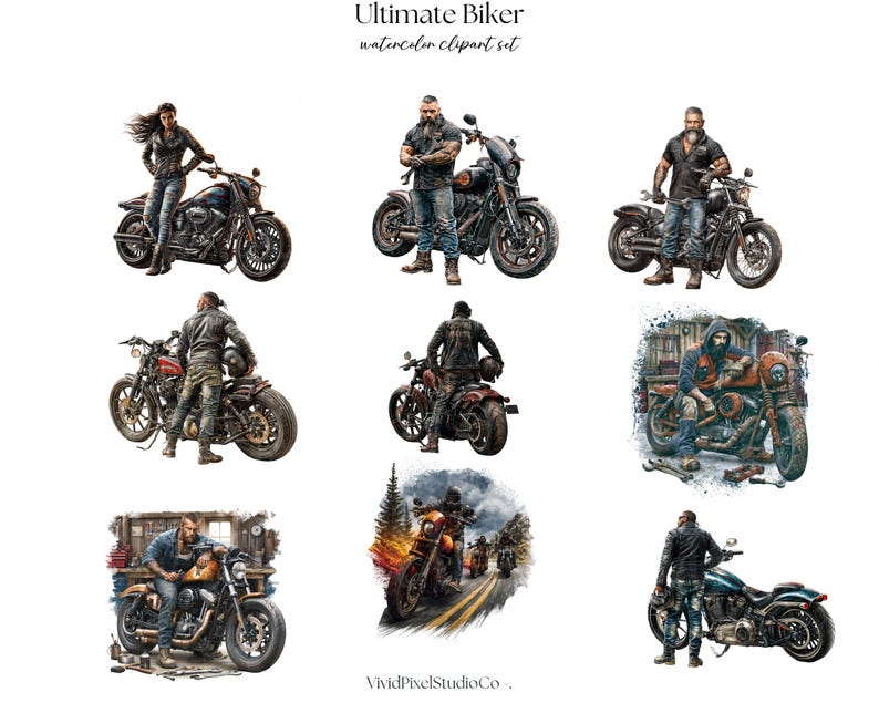 May include: Watercolor clipart set titled "Ultimate Biker" featuring various illustrations of bikers with motorcycles. The images showcase bikers in leather jackets and jeans, posing with their bikes. The motorcycles are in various colors and styles.