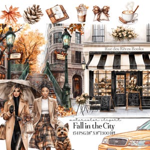 Puede incluir: Ilustración en acuarela de una escena urbana otoñal con una librería, farolas y mujeres elegantes. La imagen incluye elementos otoñales como hojas, una piña y una taza de café. El texto "Fall in the City" es visible.