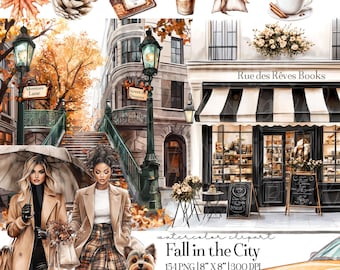 Imágenes prediseñadas de acuarela de otoño en la ciudad, conjunto de imágenes prediseñadas de aventuras otoñales: chicas viajeras en la ciudad, cafeterías, ambiente parisino / paquete PNG de otoño