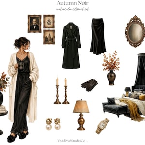 Op de afbeelding: Een digitale aquarel clipart set getiteld Autumn Noir met een persoon in een cr&egrave;me vest en zwarte jumpsuit, een donkergroene jas, een zwarte rok, een bed met hemel, ingelijste kunst, een spiegel, kaarsen, een lamp, handschoenen en een horloge.