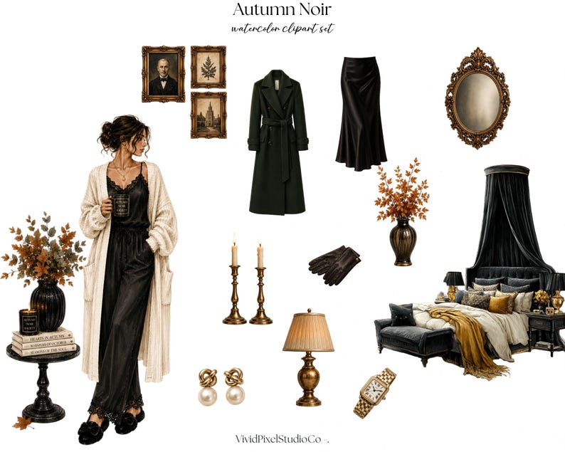 Op de afbeelding: Een digitale aquarel clipart set getiteld Autumn Noir met een persoon in een cr&egrave;me vest en zwarte jumpsuit, een donkergroene jas, een zwarte rok, een bed met hemel, ingelijste kunst, een spiegel, kaarsen, een lamp, handschoenen en een horloge.