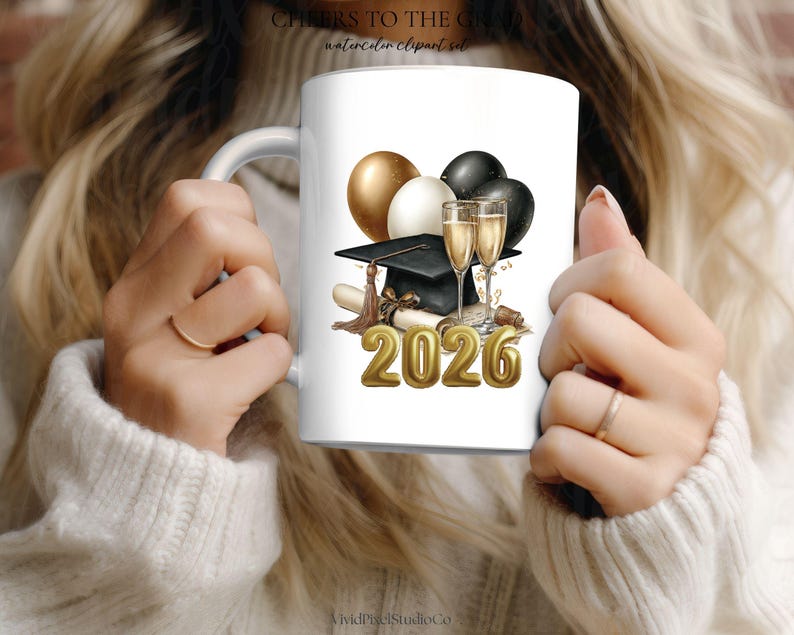 Lyxigt examensklipppaket | Klass 2026 svart & guld examen PNG | Clipart för examensfest | Skål för examensinbjudningar bild 8