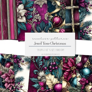 Könnte beinhalten: Eine Sammlung nahtloser Muster mit dem Thema Jewel Tone Christmas. Die Designs zeigen florale und ornamentale Elemente in den Farbtönen Türkis, Magenta, Gold und Burgunder. Das Bild enthält den Text "seamless patterns Jewel Tone Christmas".
