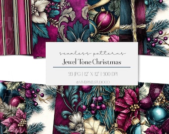 Jewel Tone Christmas Seamless Patterns | Luxury Holiday Digital Paper | Burgundy Emerald Gold Velvet Backgrounds | 33 JPG 12x12
