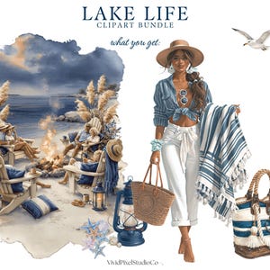 Puede incluir: Paquete de im&aacute;genes predise&ntilde;adas de acuarela "Lake Life" con escenas de playa, una mujer con un bolso de playa y una gaviota. Las ilustraciones incluyen una hoguera en la playa, sillas de playa, una toalla a rayas y accesorios n&aacute;uticos en tonos azules, beige y marr&oacute;n.